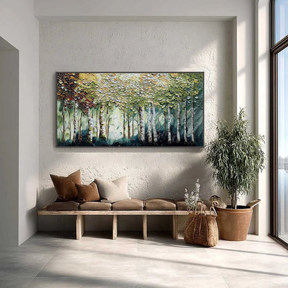 BIRCH SYMPHONY: Heavy Texture Palette Knife Forest Painting | heavy texture palette knife closeup, raised brushwork detail