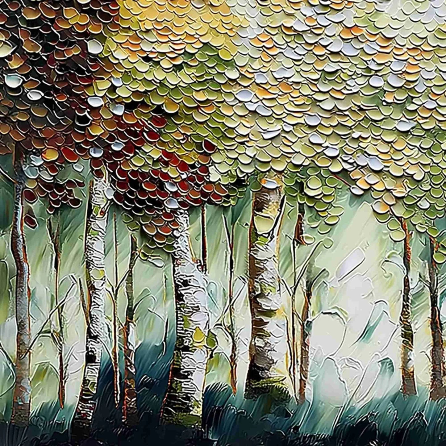 BIRCH SYMPHONY: Heavy Texture Palette Knife Forest Painting | rectangular format, hand-painted canvas edge