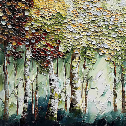 BIRCH SYMPHONY: Heavy Texture Palette Knife Forest Painting | rectangular format, hand-painted canvas edge