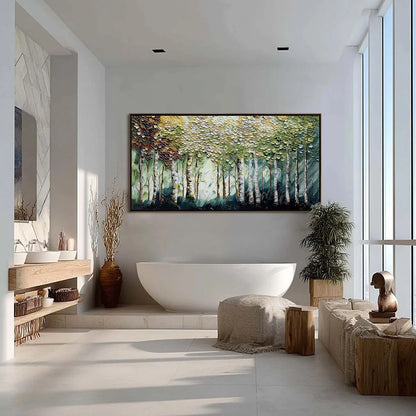BIRCH SYMPHONY: Heavy Texture Palette Knife Forest Painting | gold frame stretched on neutral wall