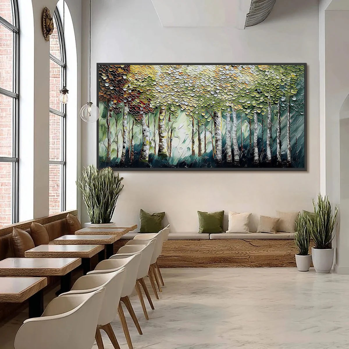 BIRCH SYMPHONY: Heavy Texture Palette Knife Forest Painting | black frame version on white wall