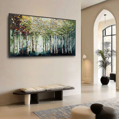 BIRCH SYMPHONY: Heavy Texture Palette Knife Forest Painting | heavy texture palette knife mood, soft natural light studio shot