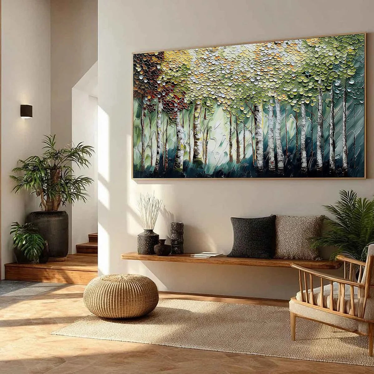 BIRCH SYMPHONY: Heavy Texture Palette Knife Forest Painting | green palette, original dining room art