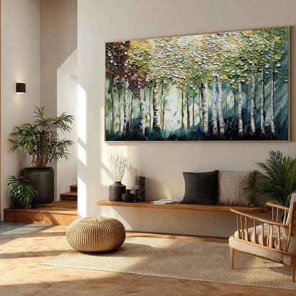 BIRCH SYMPHONY: Heavy Texture Palette Knife Forest Painting | green palette, original dining room art