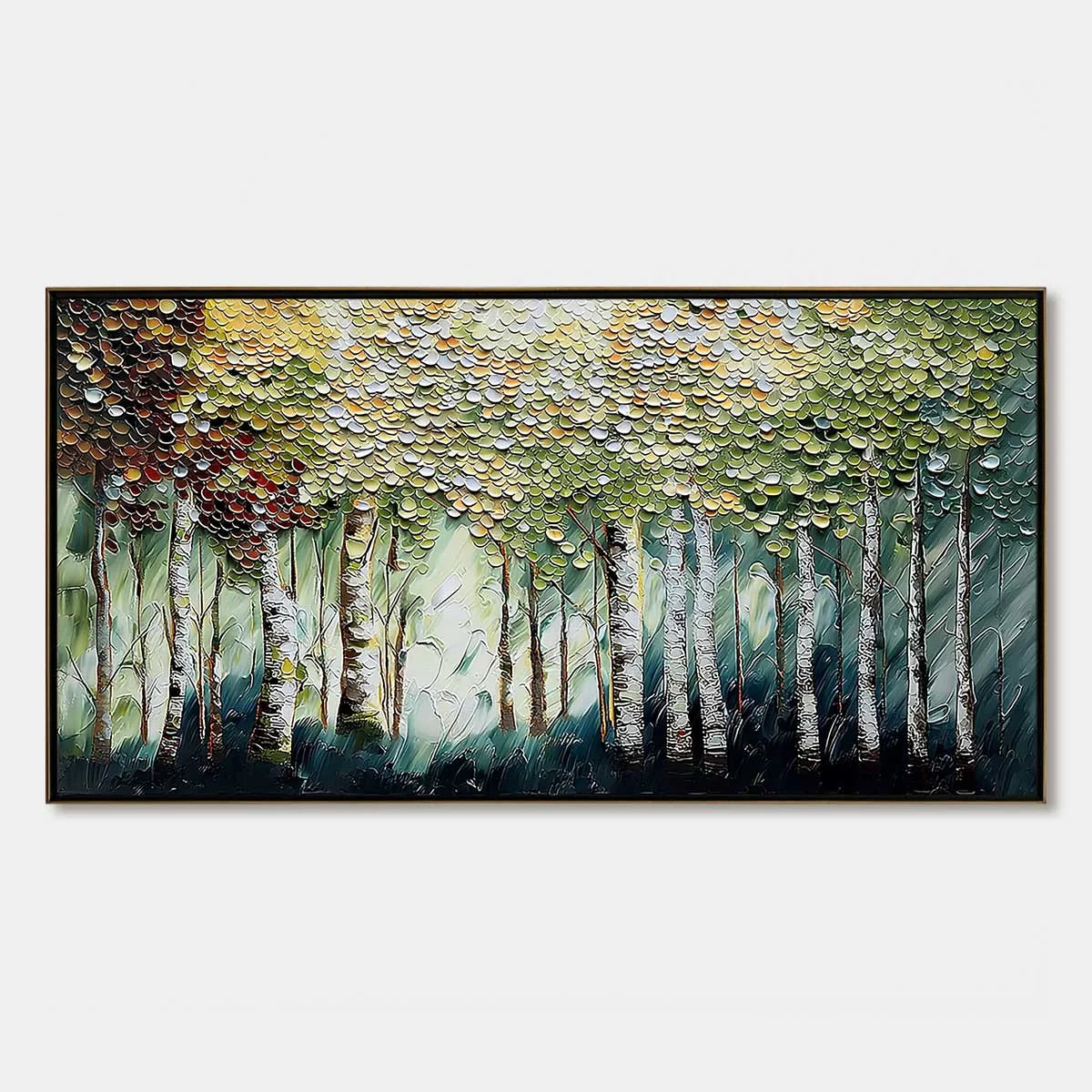 BIRCH SYMPHONY: Heavy Texture Palette Knife Forest Painting | hanging in living room, heavy texture palette knife wall art