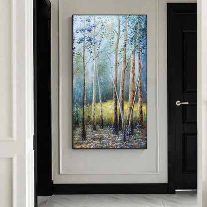 BIRCHLIGHT GLADE: Vertical Forest Landscape Oil Painting | gold frame stretched on neutral wall
