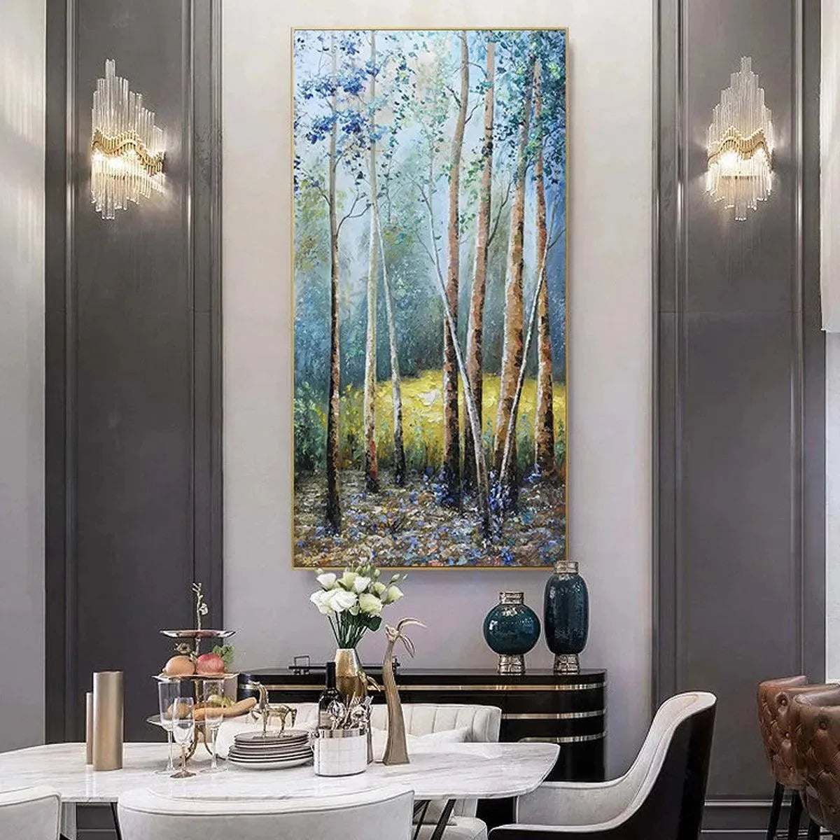 BIRCHLIGHT GLADE: Vertical Forest Landscape Oil Painting | rolled canvas, ready for custom framing