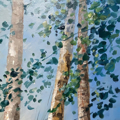 BIRCHLIGHT GLADE: Vertical Forest Landscape Oil Painting | black frame version on white wall