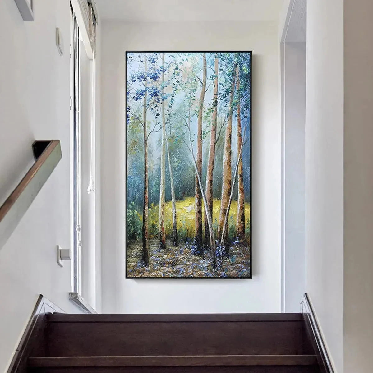 BIRCHLIGHT GLADE: Vertical Forest Landscape Oil Painting | Landscape mood, soft natural light studio shot