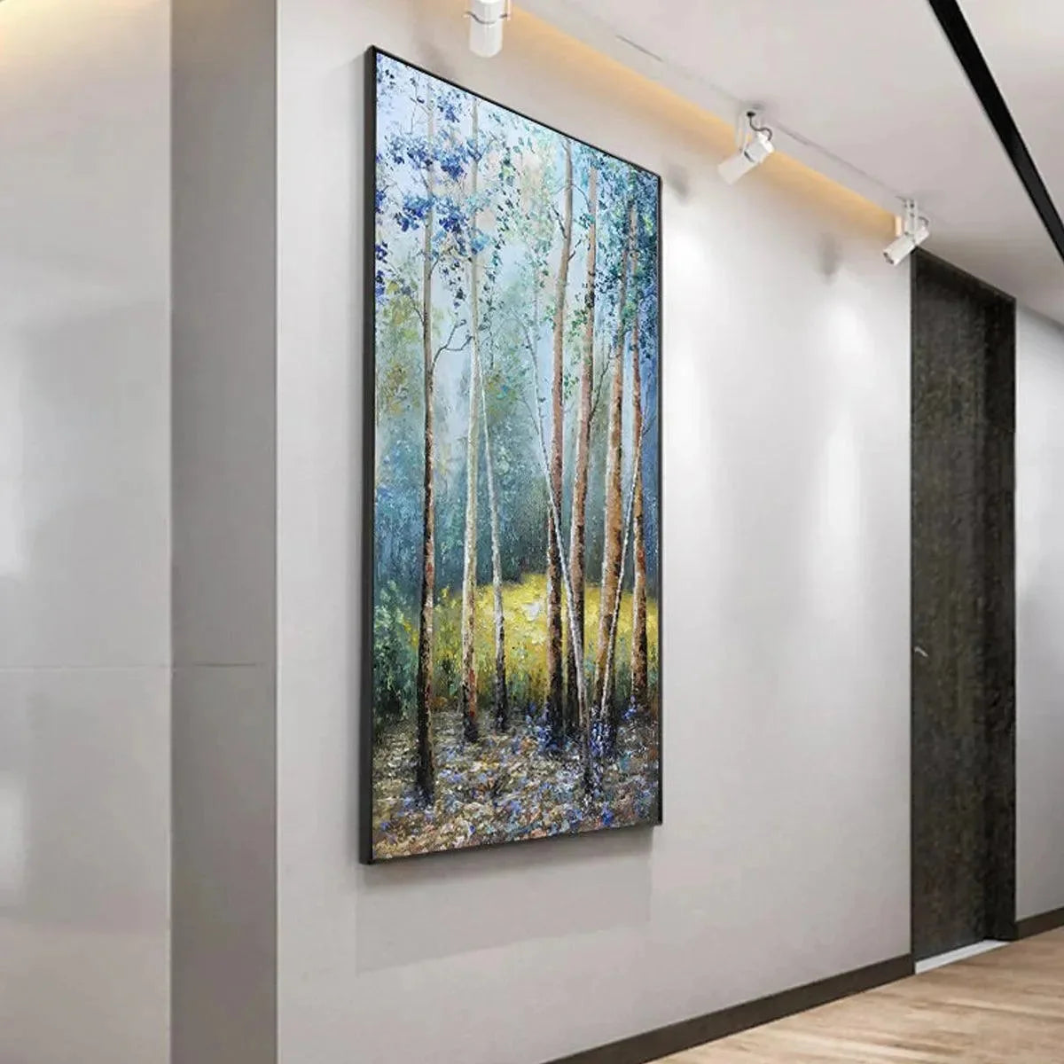 BIRCHLIGHT GLADE: Vertical Forest Landscape Oil Painting | green palette, original Hand-painted on premium stretched canvas using artist-grade oils; rich layered surface combines smooth gradients w...