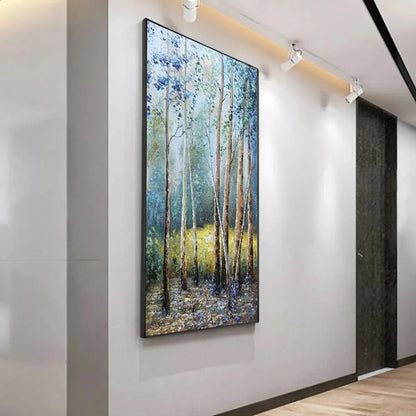 BIRCHLIGHT GLADE: Vertical Forest Landscape Oil Painting | green palette, original Hand-painted on premium stretched canvas using artist-grade oils; rich layered surface combines smooth gradients w...