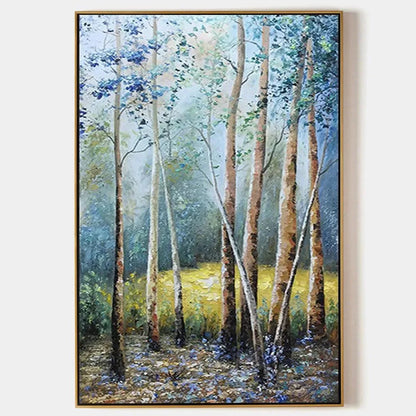 BIRCHLIGHT GLADE: Vertical Forest Landscape Oil Painting | hanging in BIRCHLIGHT GLADE: Vertical Forest Landscape Oil Painting featuring layered textured brushwork in refined tones; landscape compo...
