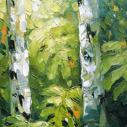 BIRCHWOOD WHISPERS: Textured Impasto Forest & Birch Tree Painting | rectangular format, hand-painted canvas edge