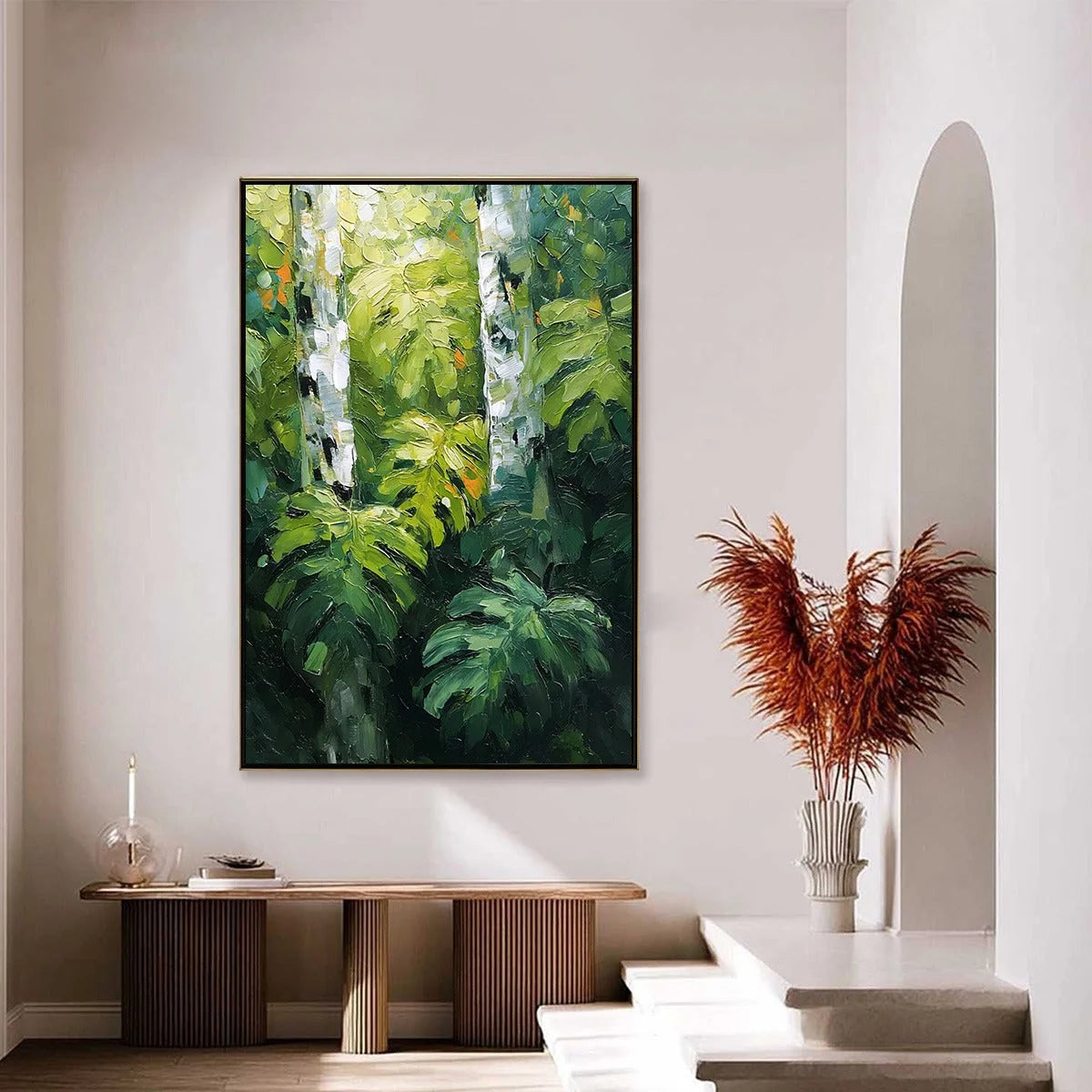 BIRCHWOOD WHISPERS: Textured Impasto Forest & Birch Tree Painting | gold frame stretched on neutral wall