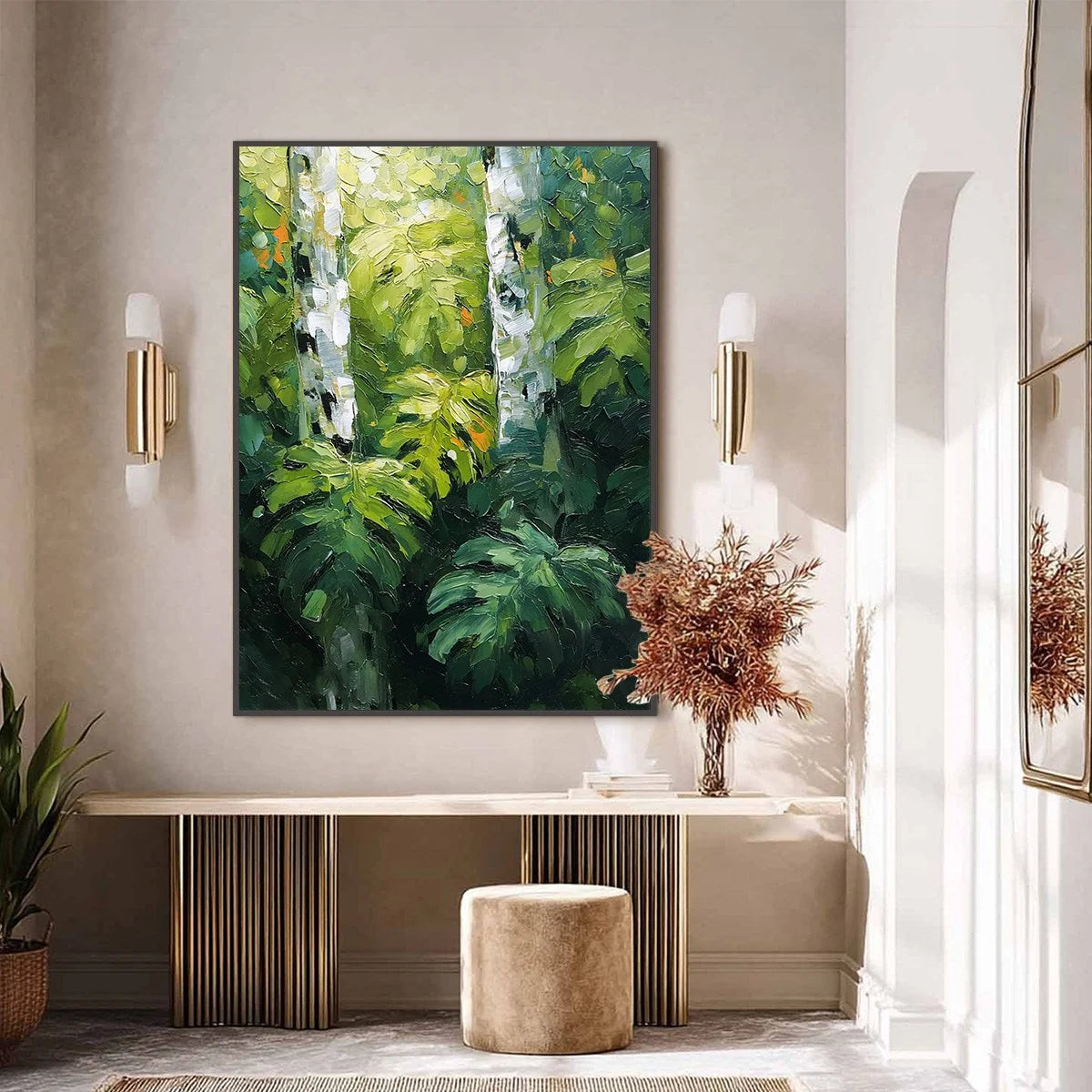 BIRCHWOOD WHISPERS: Textured Impasto Forest & Birch Tree Painting | black frame version on white wall