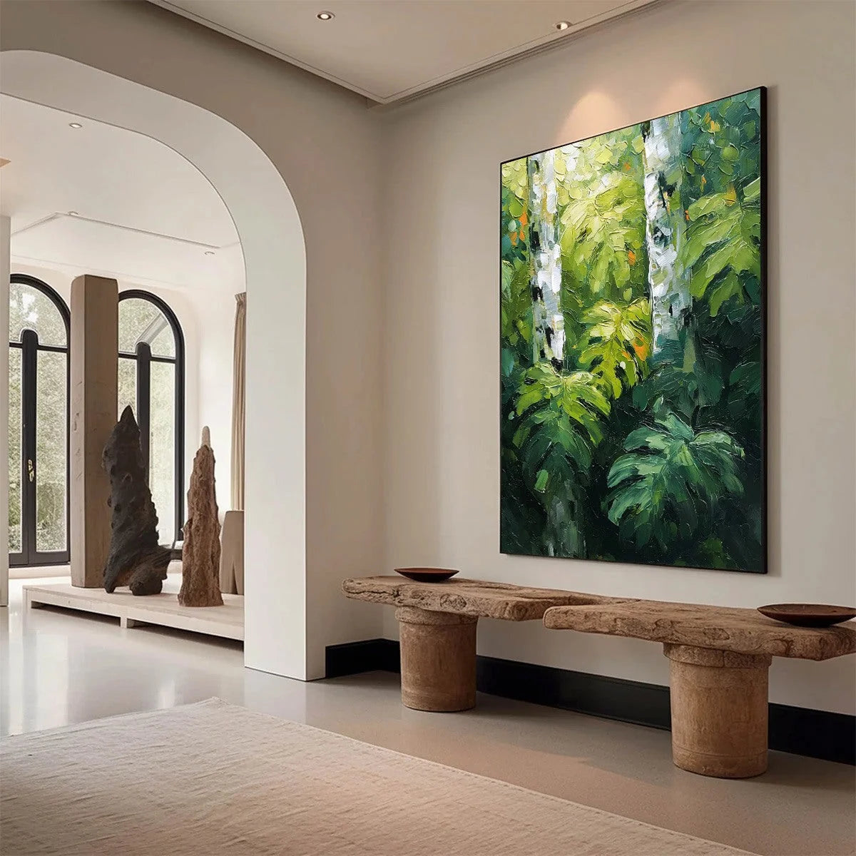 BIRCHWOOD WHISPERS: Textured Impasto Forest & Birch Tree Painting | textured impasto mood, soft natural light studio shot