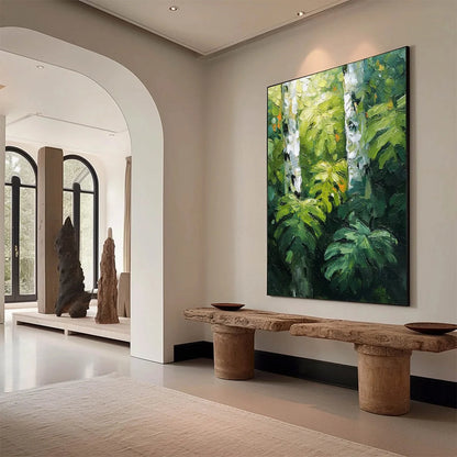 BIRCHWOOD WHISPERS: Textured Impasto Forest & Birch Tree Painting | textured impasto mood, soft natural light studio shot
