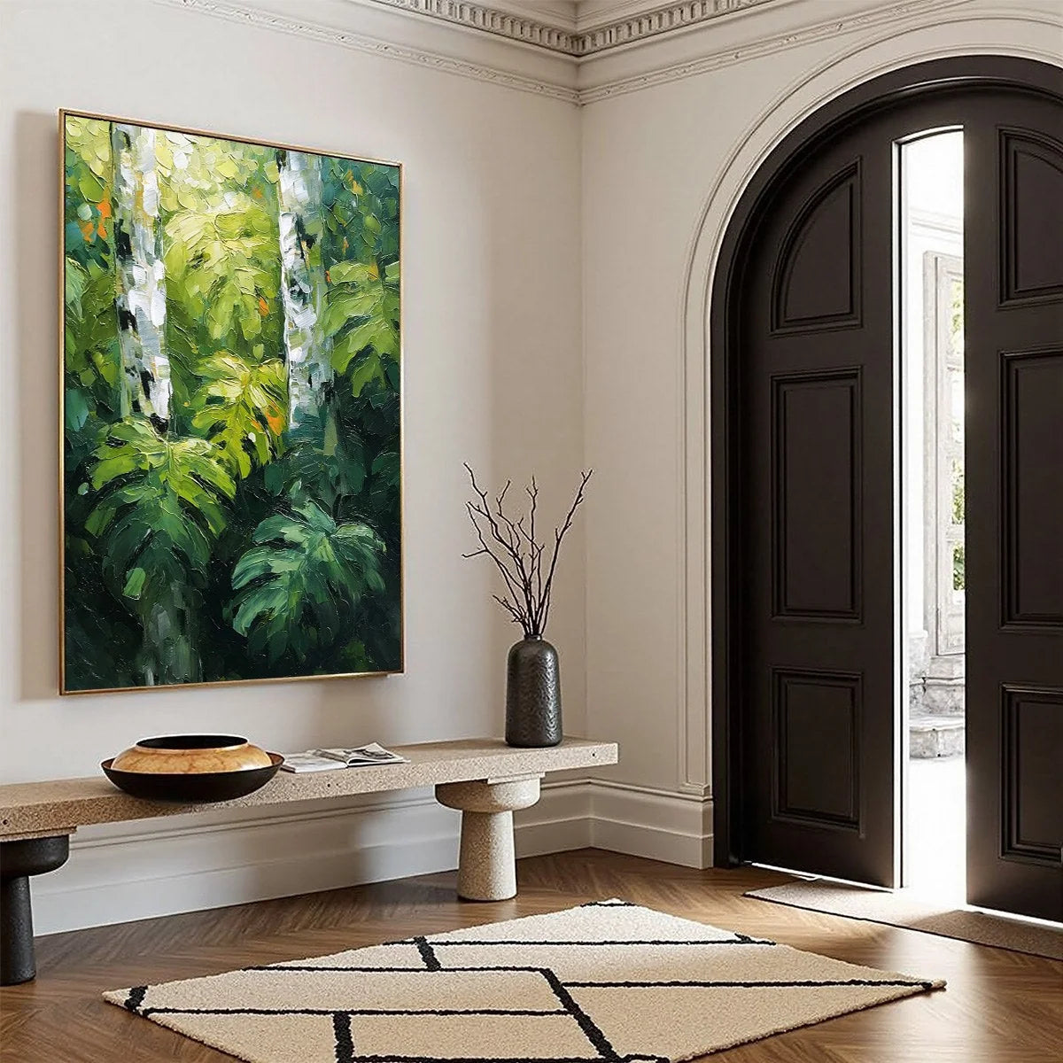 BIRCHWOOD WHISPERS: Textured Impasto Forest & Birch Tree Painting | green palette, original bedroom art