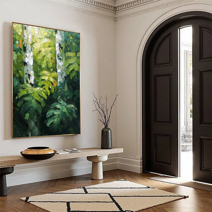 BIRCHWOOD WHISPERS: Textured Impasto Forest & Birch Tree Painting | green palette, original bedroom art