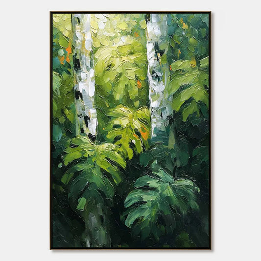 BIRCHWOOD WHISPERS: Textured Impasto Forest & Birch Tree Painting | hanging in living room, textured impasto wall art