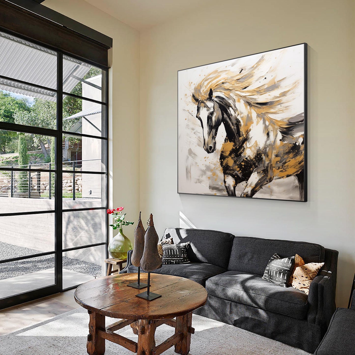 Black and Gold Horse Painting: 3D Texture Farmhouse Wall Art #2
