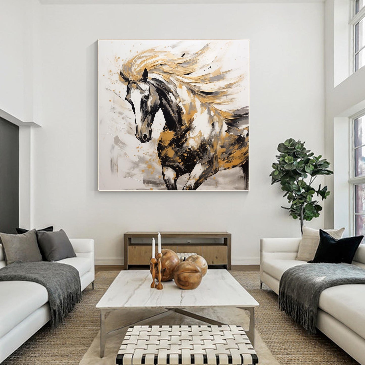 Black and Gold Horse Painting: 3D Texture Farmhouse Wall Art #3