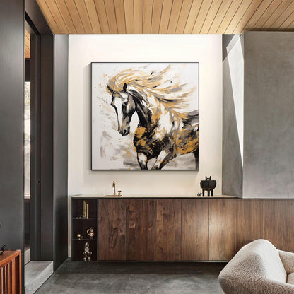 Black and Gold Horse Painting: 3D Texture Farmhouse Wall Art #5