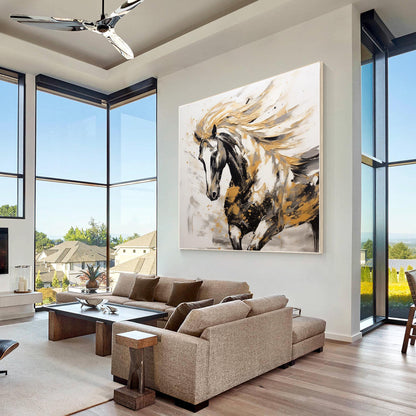 Black and Gold Horse Painting: 3D Texture Farmhouse Wall Art #1