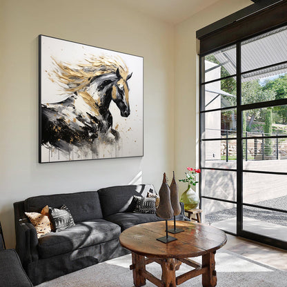 Black and Gold Horse Painting: 3D Texture, Framed Canvas Wall Art #2