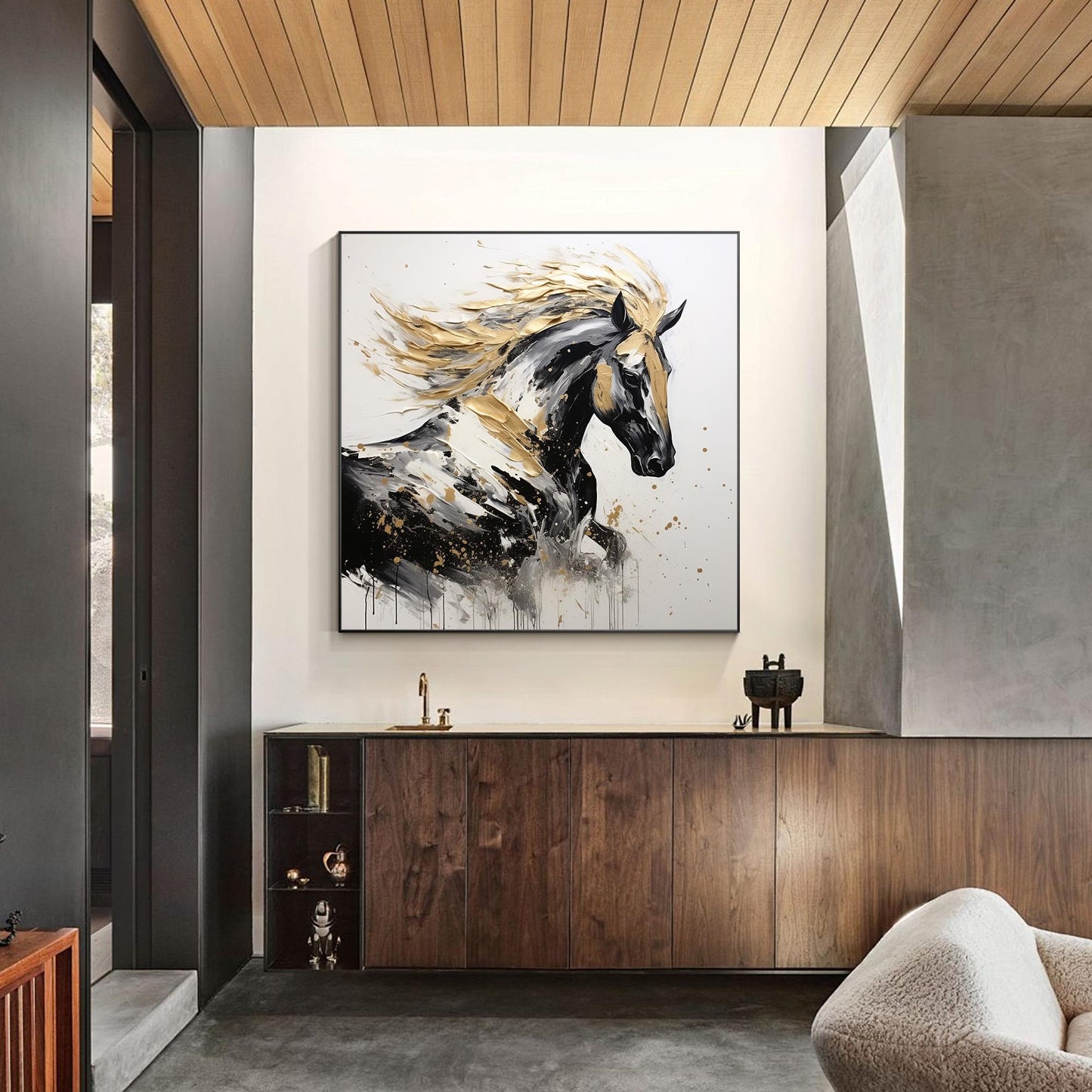 Black and Gold Horse Painting: 3D Texture, Framed Canvas Wall Art #3