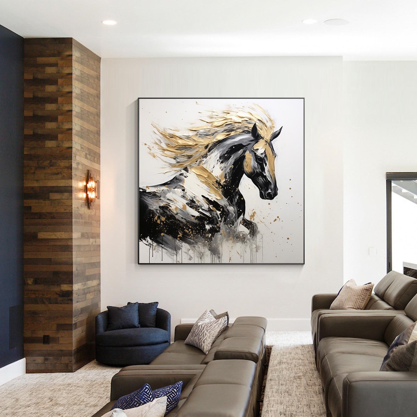 Black and Gold Horse Painting: 3D Texture, Framed Canvas Wall Art #4