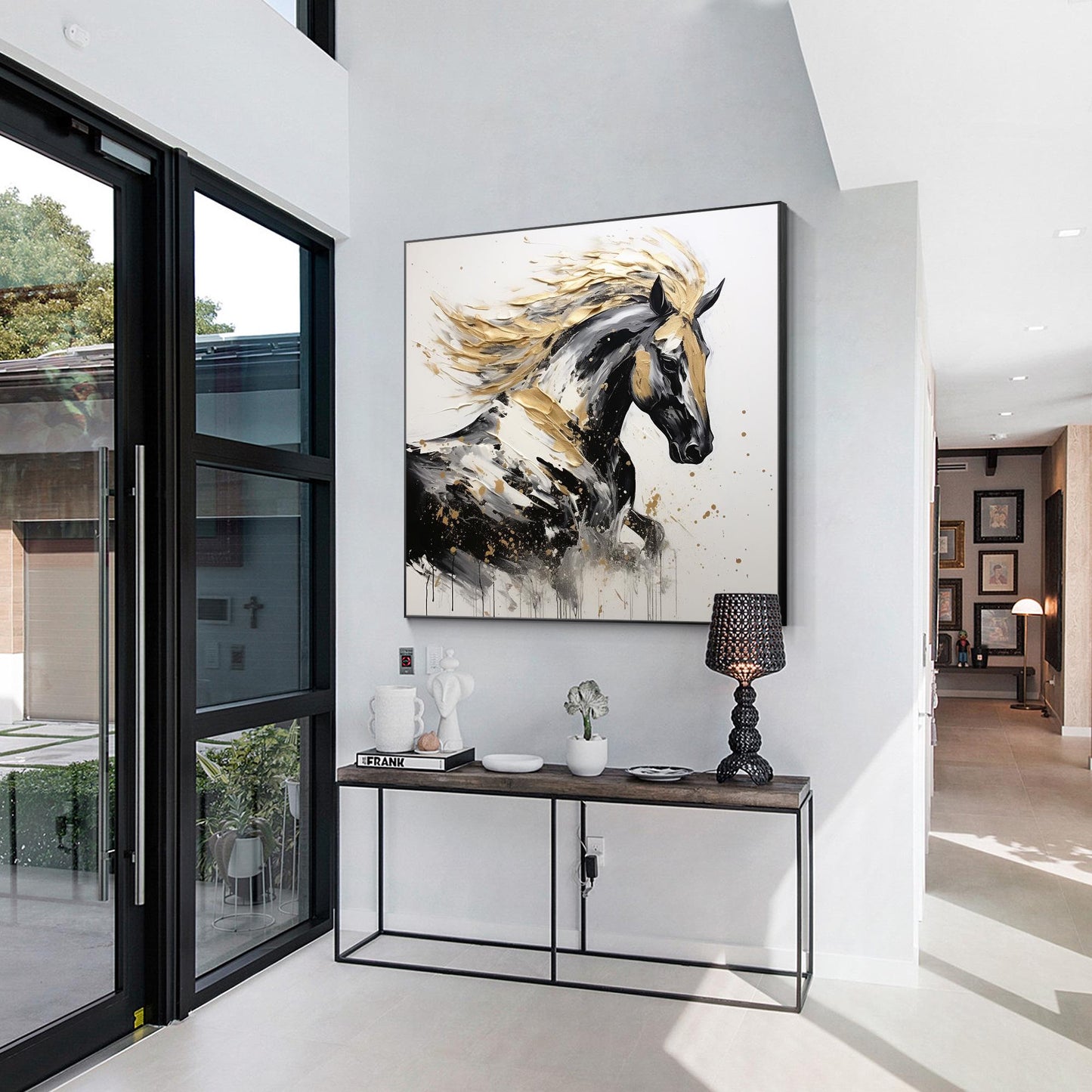Black and Gold Horse Painting: 3D Texture, Framed Canvas Wall Art #5