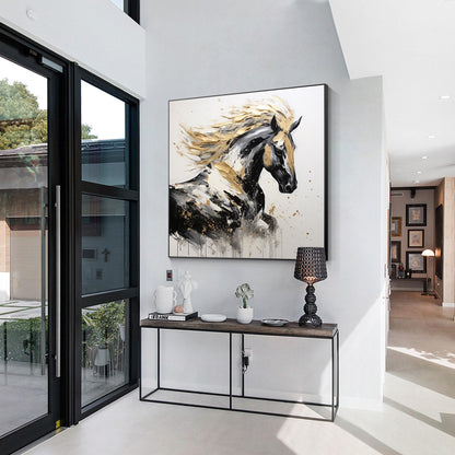Black and Gold Horse Painting: 3D Texture, Framed Canvas Wall Art #5