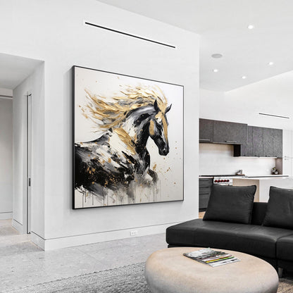 Black and Gold Horse Painting: 3D Texture, Framed Canvas Wall Art #1