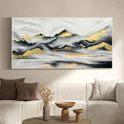 Black and Gold Mountain Oil Painting - Abstract Art | Abstract closeup, raised brushwork detail