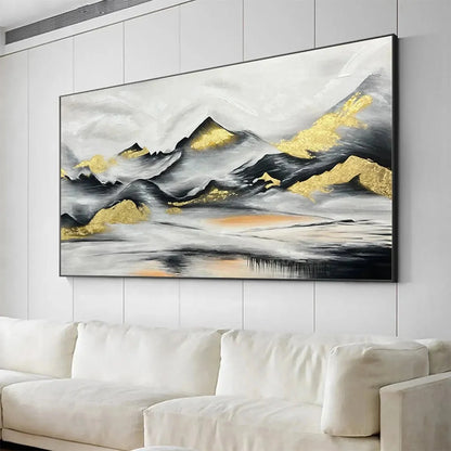 Black and Gold Mountain Oil Painting - Abstract Art | gold frame stretched on neutral wall