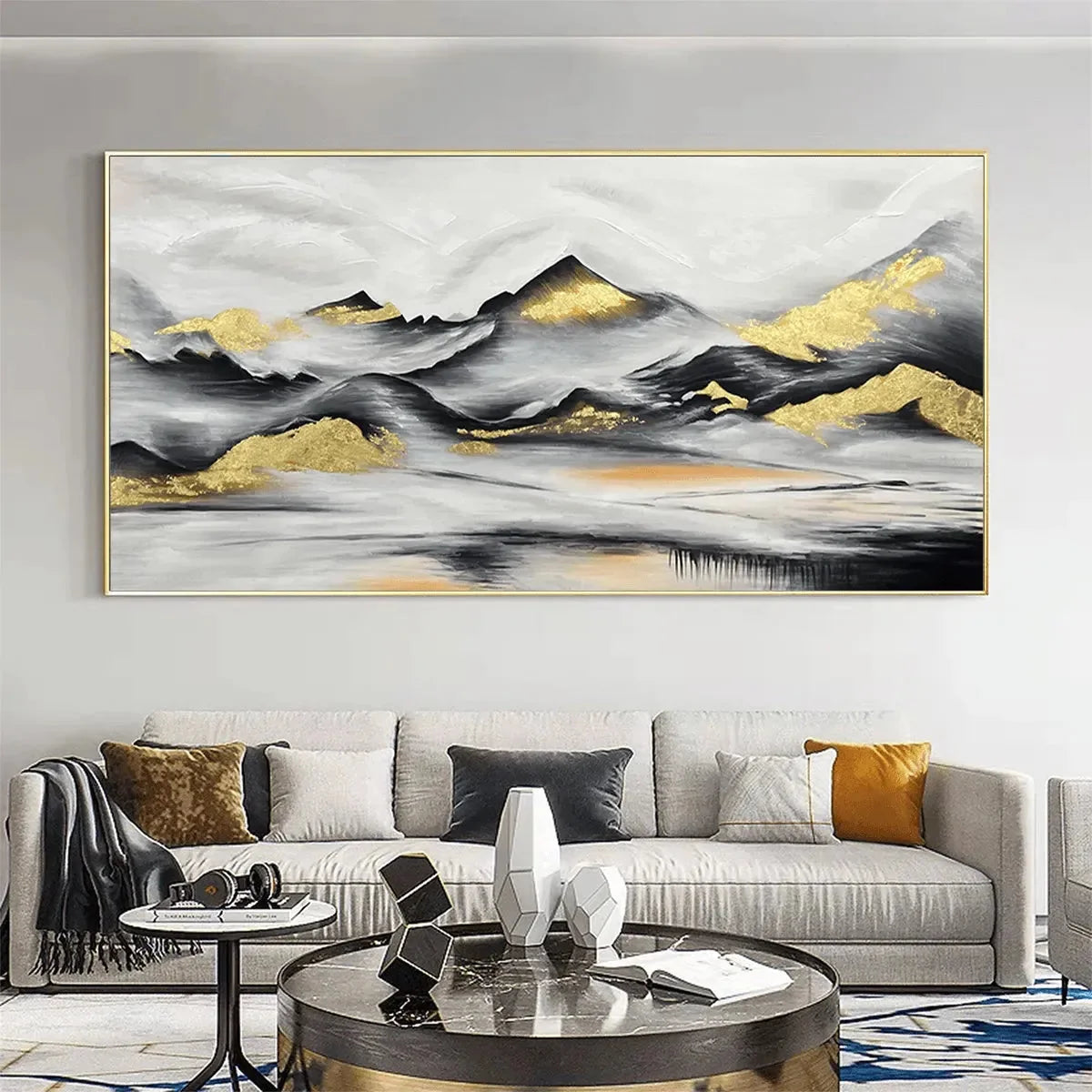 Black and Gold Mountain Oil Painting - Abstract Art | black frame version on white wall