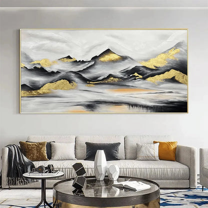 Black and Gold Mountain Oil Painting - Abstract Art | black frame version on white wall