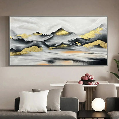 Black and Gold Mountain Oil Painting - Abstract Art | Abstract mood, soft natural light studio shot