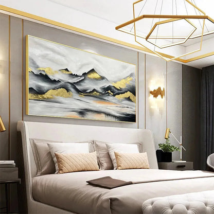 Black and Gold Mountain Oil Painting - Abstract Art | beige palette, original Hand-painted on premium stretched canvas with artist-grade oils; rich layered surface combines dark dramatic base with ...