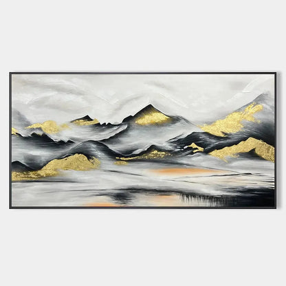 Black and Gold Mountain Oil Painting - Abstract Art | hanging in Abstract oil painting of mountains in black, gold, and warm metallic tones; rich textured brushwork with delicate gold leaf accents....