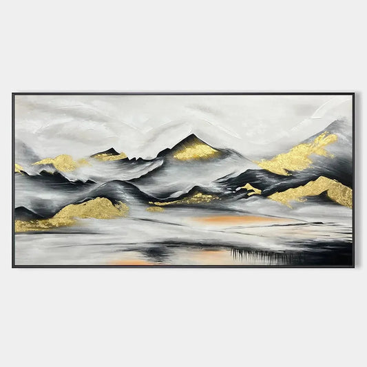 Black and Gold Mountain Oil Painting - Abstract Art | hanging in Abstract oil painting of mountains in black, gold, and warm metallic tones; rich textured brushwork with delicate gold leaf accents....