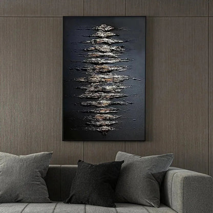 BLACK AND GOLD TEXTURE: Textured Abstract Painting | gold frame stretched on neutral wall