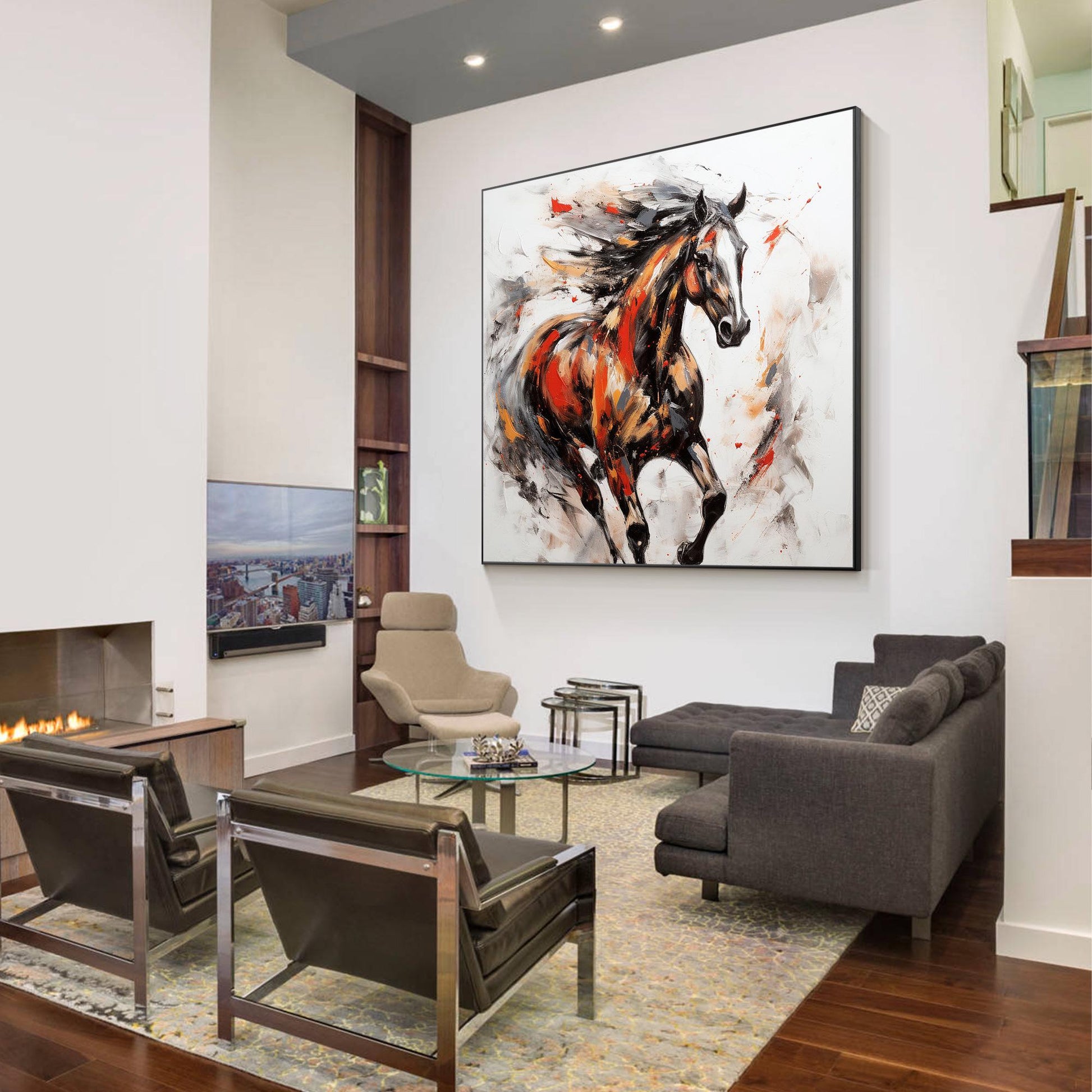 Black and Red Horse Painting: 3D Texture Farmhouse Wall Art #4