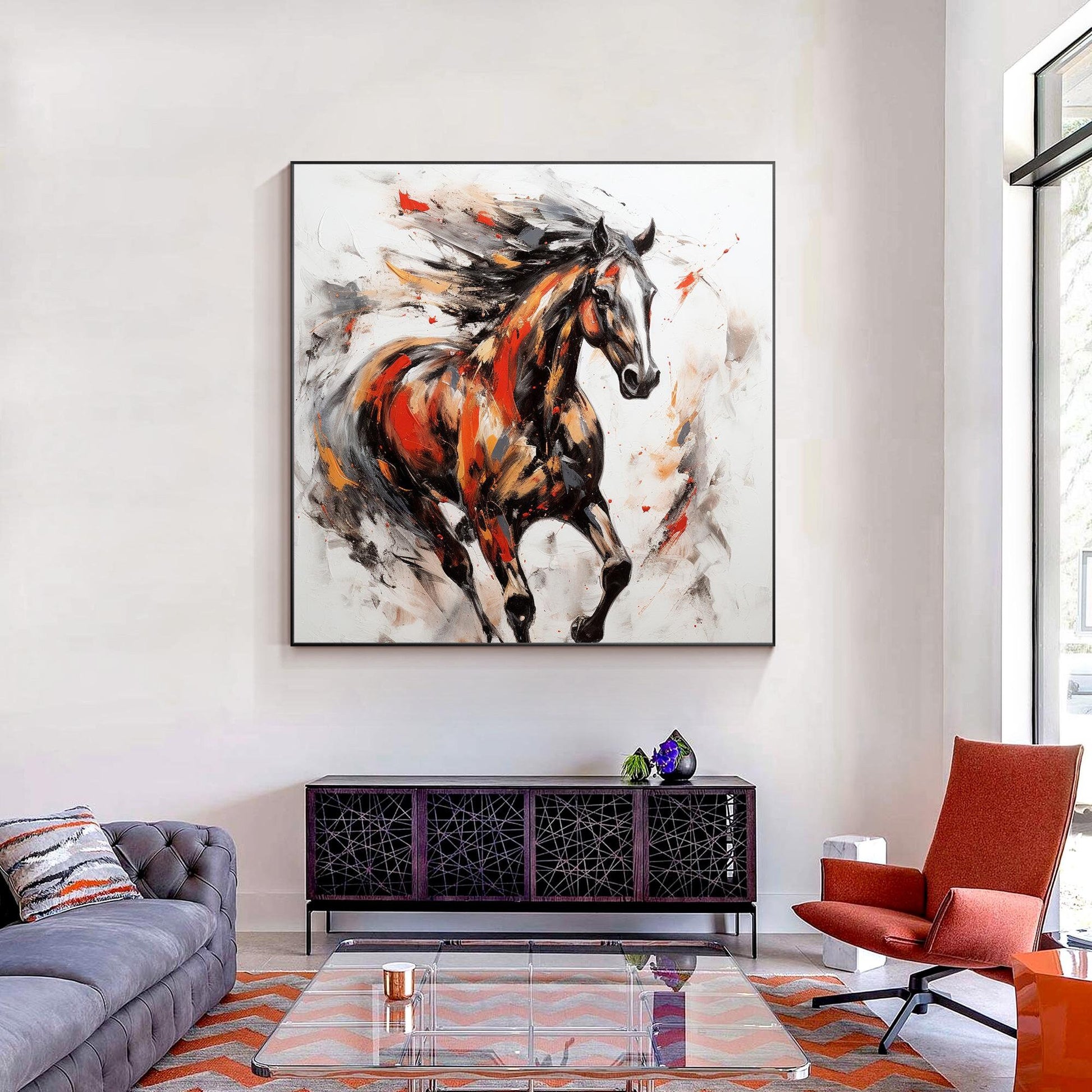 Black and Red Horse Painting: 3D Texture Farmhouse Wall Art #1