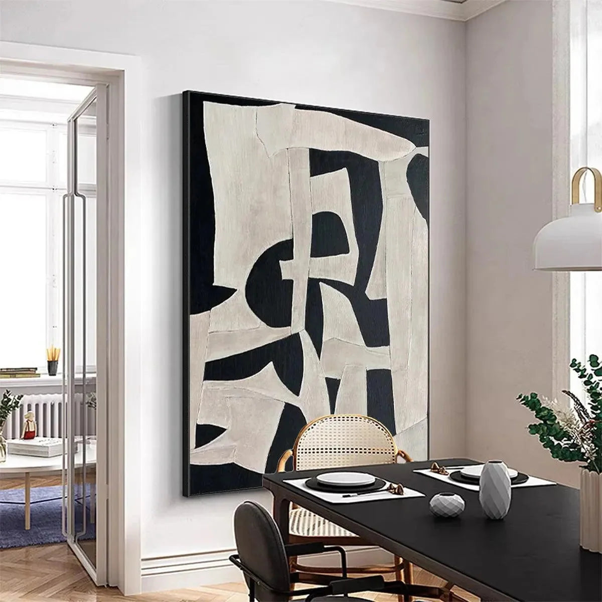 BLACK AND WHITE ABSTRACT: Minimalist Abstract Painting | black frame version on white wall