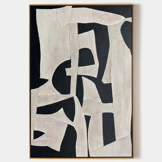 BLACK AND WHITE ABSTRACT: Minimalist Abstract Painting | hanging in Minimalist black and white abstract oil painting; clean composition with refined palette-knife texture and balanced monochromatic...