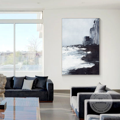 Black and White Abstract Seascape Painting: Extra Large Framed Canvas Wall Art #2