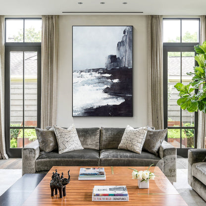 Black and White Abstract Seascape Painting: Extra Large Framed Canvas Wall Art #3