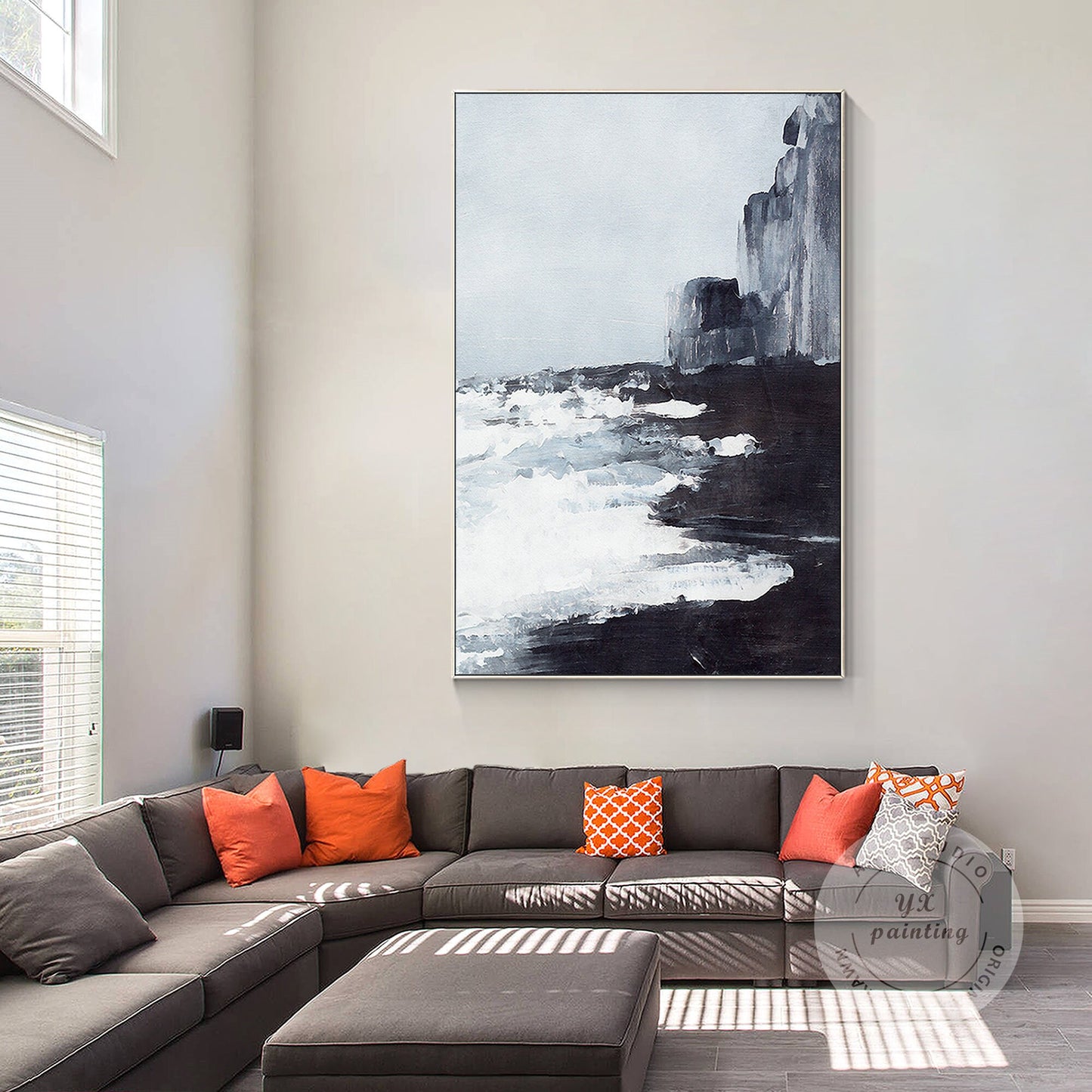 Black and White Abstract Seascape Painting: Extra Large Framed Canvas Wall Art #4